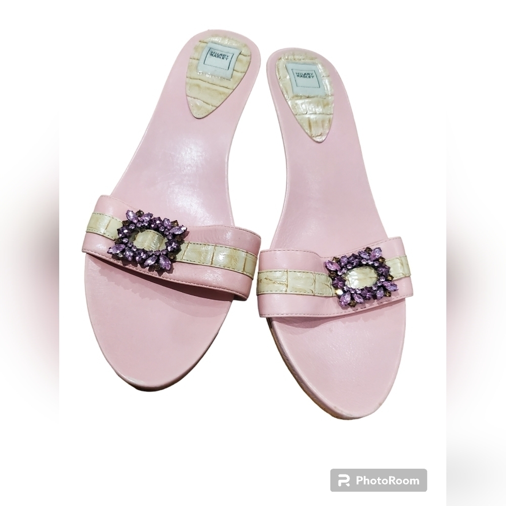 Hilary Radley Pastel Pink & Tan Jeweled Mule Sandal with gold kitten heal size8 - Picture 2 of 11